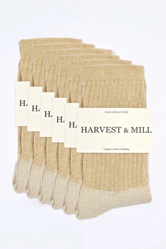 Men's 6 Pack Organic Cotton Socks Tan-Green Crew sold by Harvest and Mill