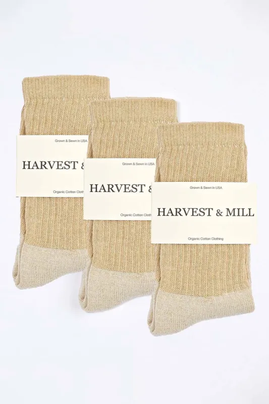 Women's 3 Pack Organic Cotton Socks Tan-Green Crew sold by Harvest and Mill