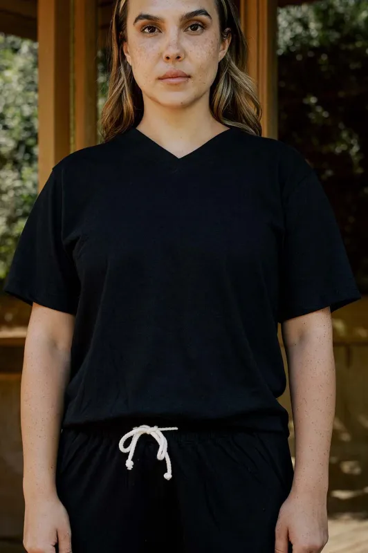 Women's Organic Unisex Style V-Neck Tee in Black sold by Harvest and Mill