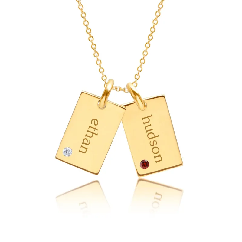 14k Gold Mini Dog Tag Necklace - 2 Names With Birthstones sold by Tiny Tags