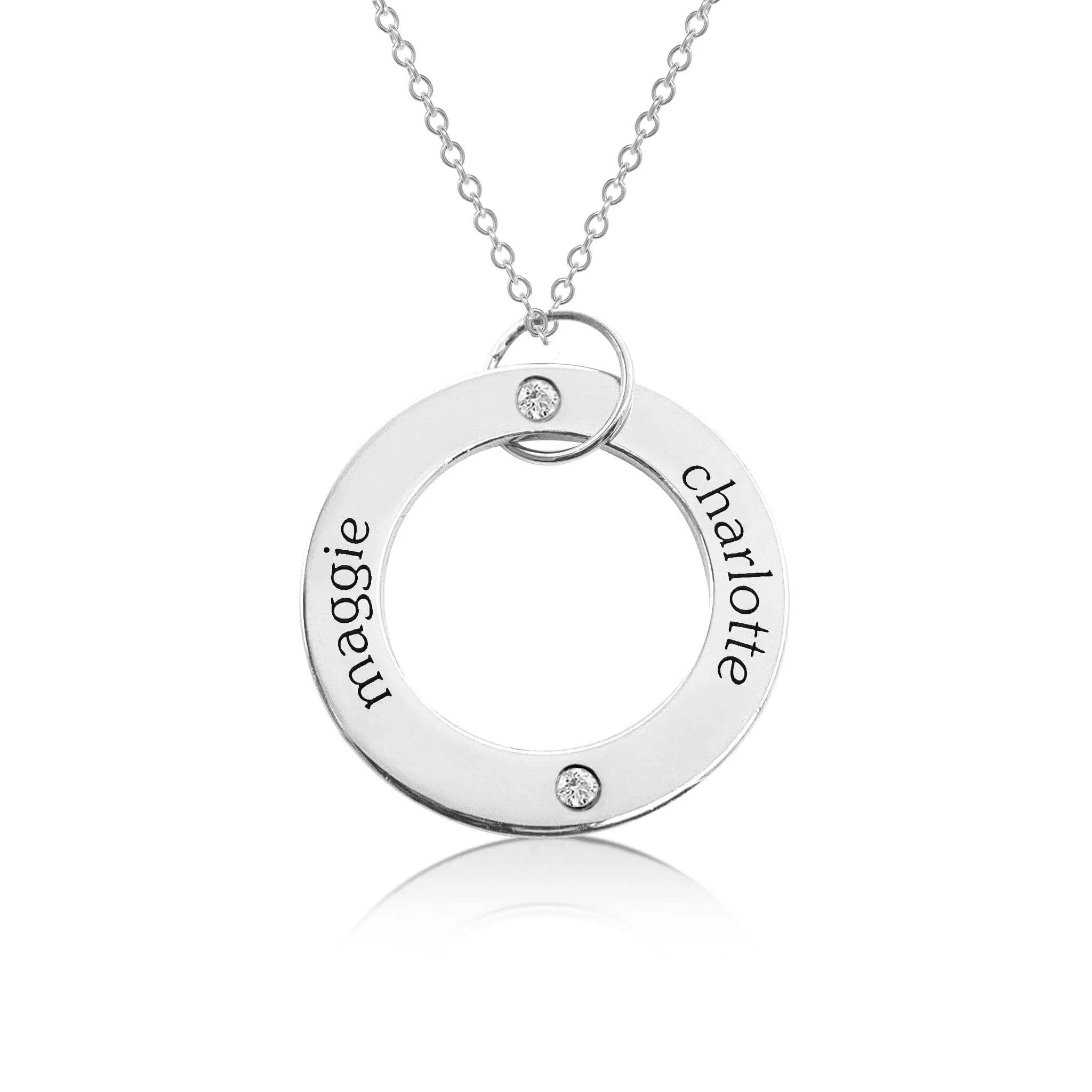 Sterling Silver Circle Pendant Necklace - 2 Names With Birthstones sold by Tiny Tags