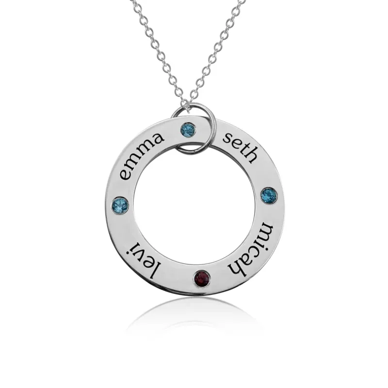 Sterling Silver Circle Pendant Necklace - 4 Names With Birthstones sold by Tiny Tags
