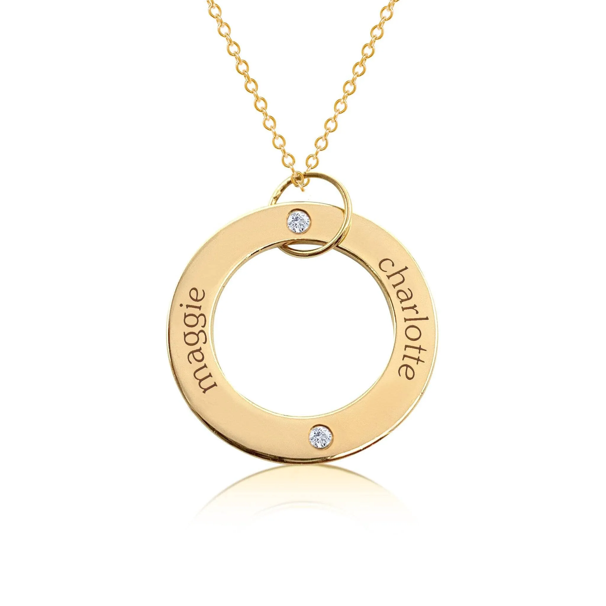 Gold Circle Pendant Necklace - 2 Names With Birthstones sold by Tiny Tags