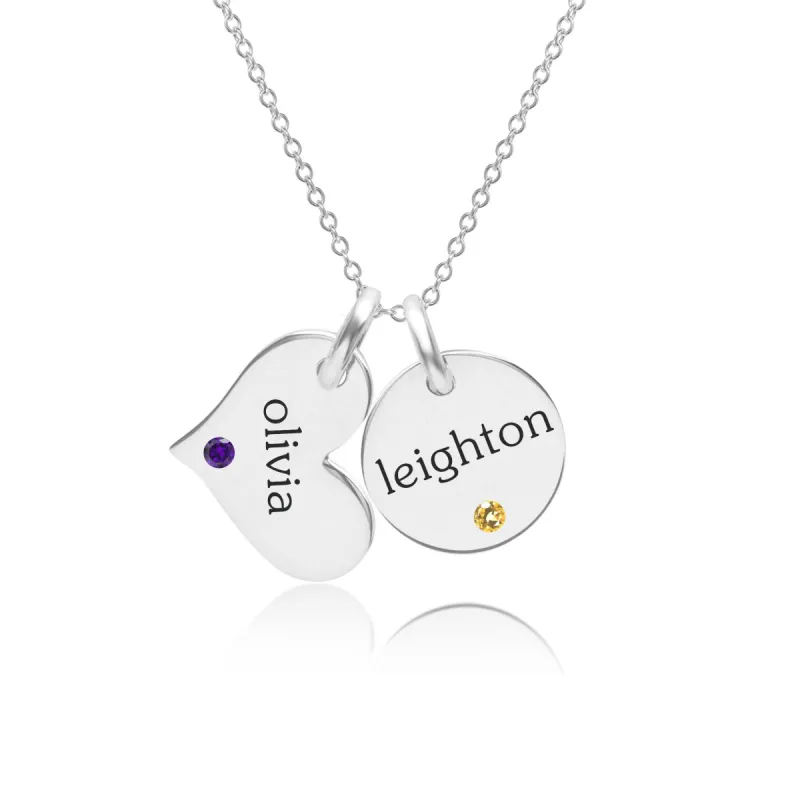 Sterling Silver Circle & Heart Necklace With Birthstones sold by Tiny Tags