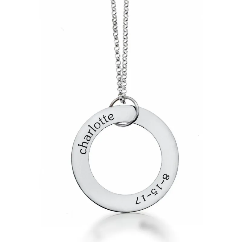 Sterling Silver Circle Pendant Necklace - Name & Birthday sold by Tiny Tags