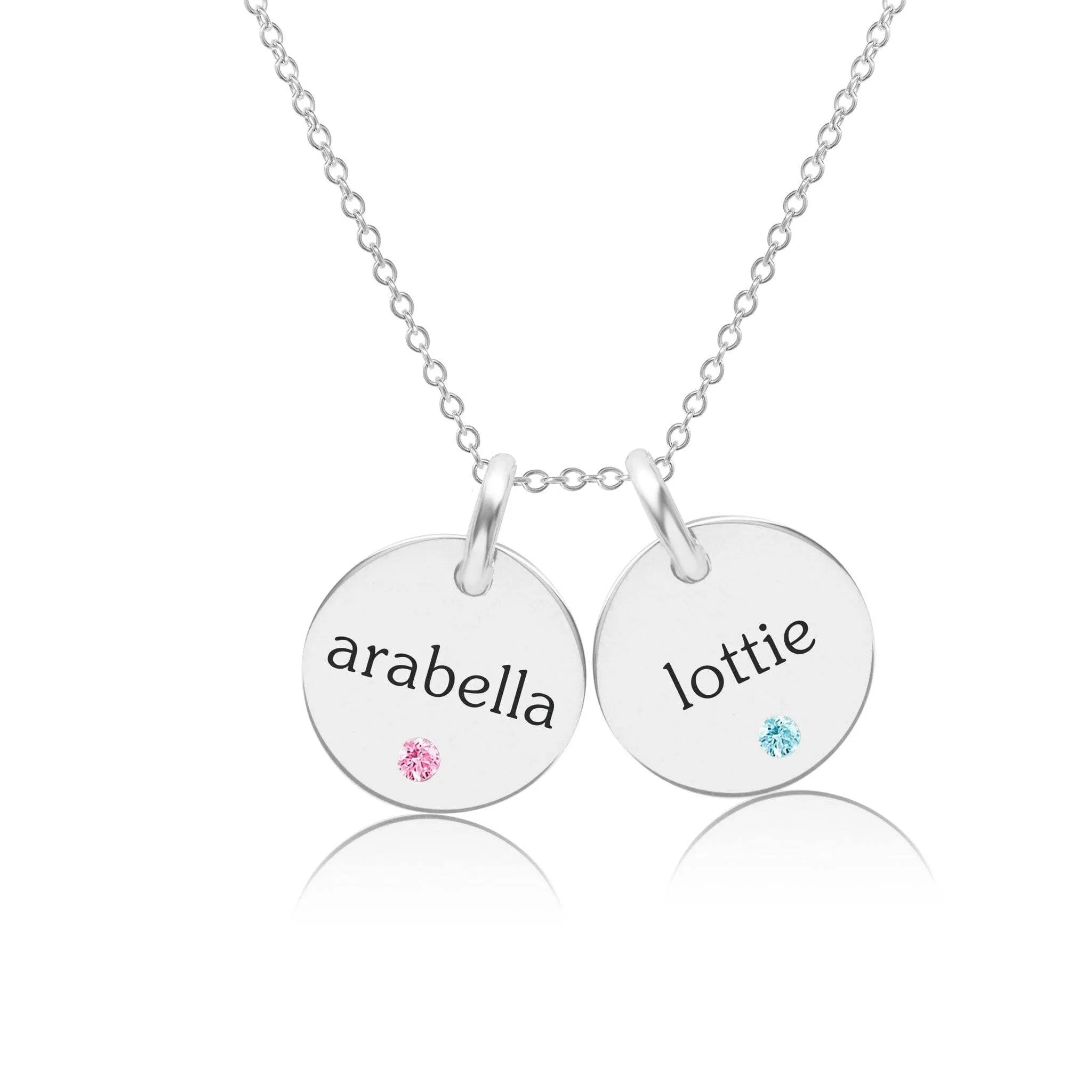 Sterling Silver Circle Necklace - 2 Names With Birthstones sold by Tiny Tags