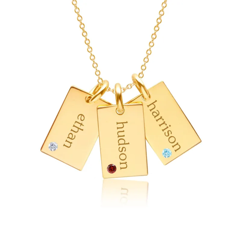 14k Gold Mini Dog Tag Necklace - 3 Names With Birthstones sold by Tiny Tags