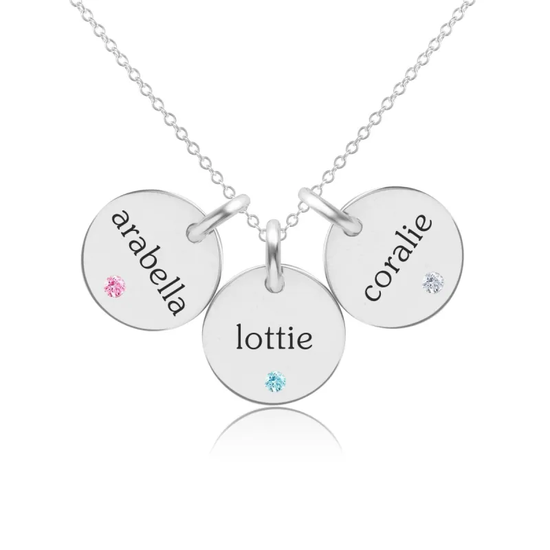 Sterling Silver Circle Necklace - 3 Names With Birthstones sold by Tiny Tags