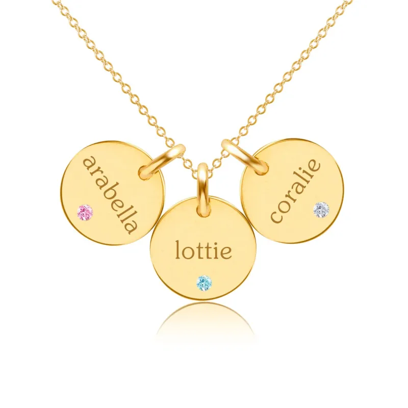 14k Gold Circle Necklace - 3 Names With Birthstones sold by Tiny Tags