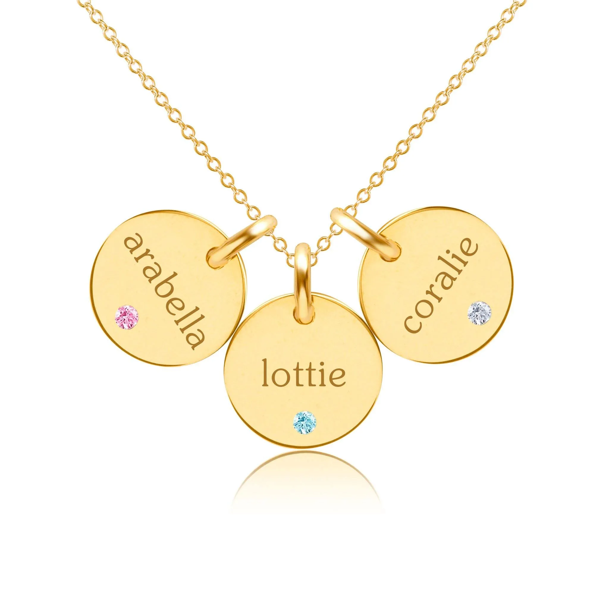 14k Gold Circle Necklace - 3 Names With Birthstones sold by Tiny Tags