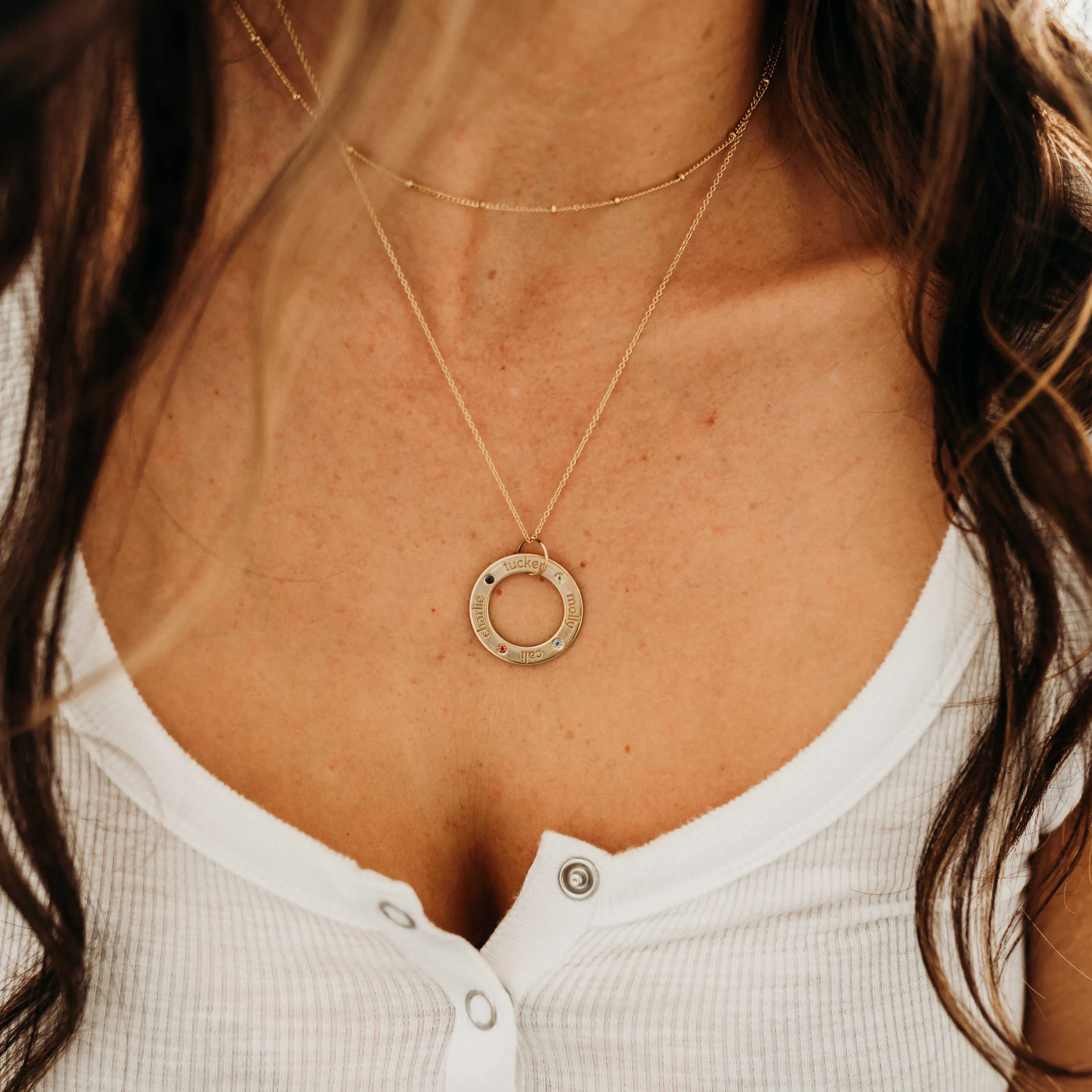 Gold Circle Pendant Necklace - 4 Names With Birthstones sold by Tiny Tags product image thumbnail 2