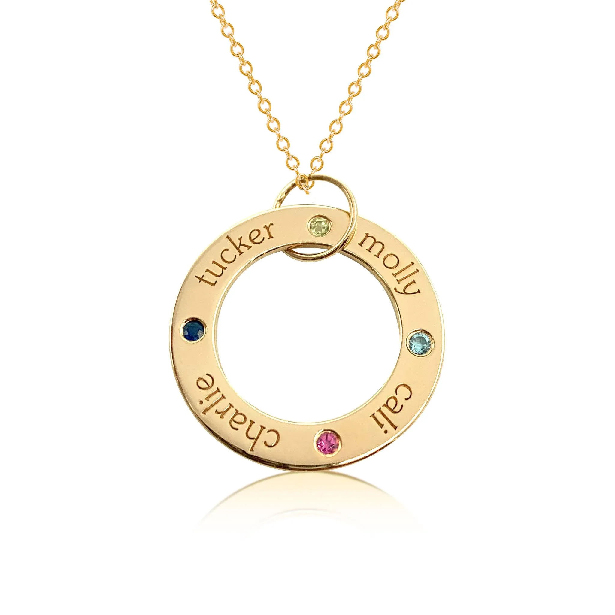Gold Circle Pendant Necklace - 4 Names With Birthstones sold by Tiny Tags