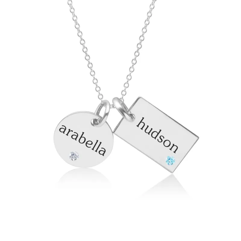 Sterling Silver Circle & Mini Dog Tag Necklace With Birthstones sold by Tiny Tags