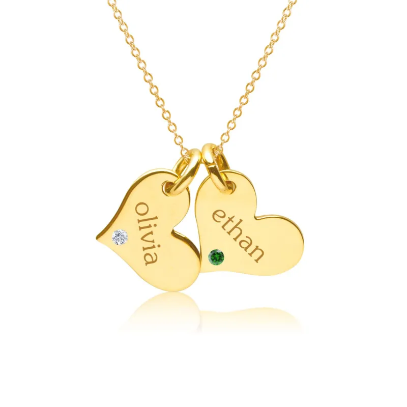 14k Gold Heart Necklace - 2 Hearts With Birthstones sold by Tiny Tags