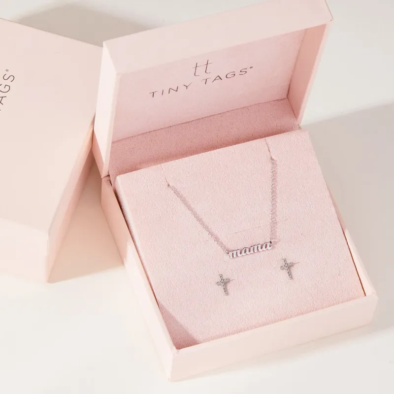 Mama Nameplate + Pavé Cross Earrings Set made by Tiny Tags