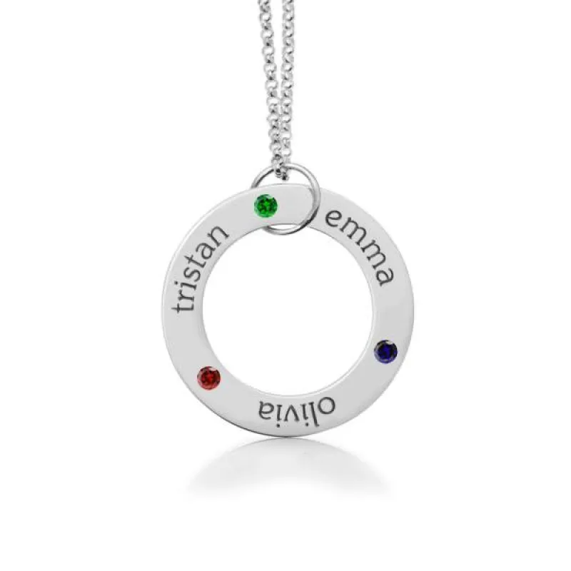 Sterling Silver Circle Pendant Necklace - 3 Names With Birthstones sold by Tiny Tags