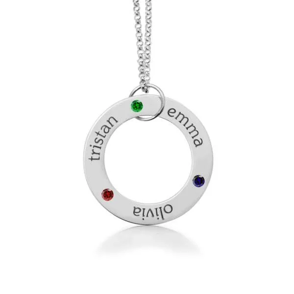 Sterling Silver Circle Pendant Necklace - 3 Names With Birthstones sold by Tiny Tags