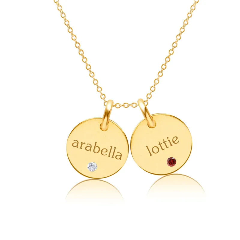 Gold Circle Necklace - 2 Names With Birthstones sold by Tiny Tags