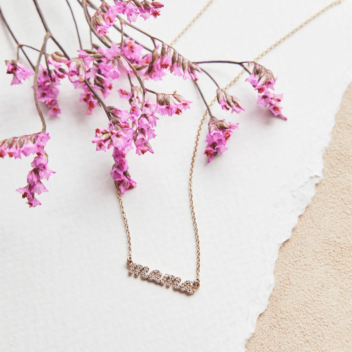 14k Gold Pavé Diamond Script Mama Necklace sold by Tiny Tags