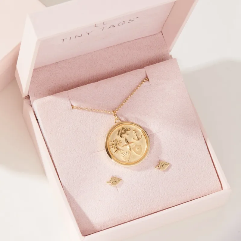 Reflection Coin Pendant + Leaf Earrings Set sold by Tiny Tags