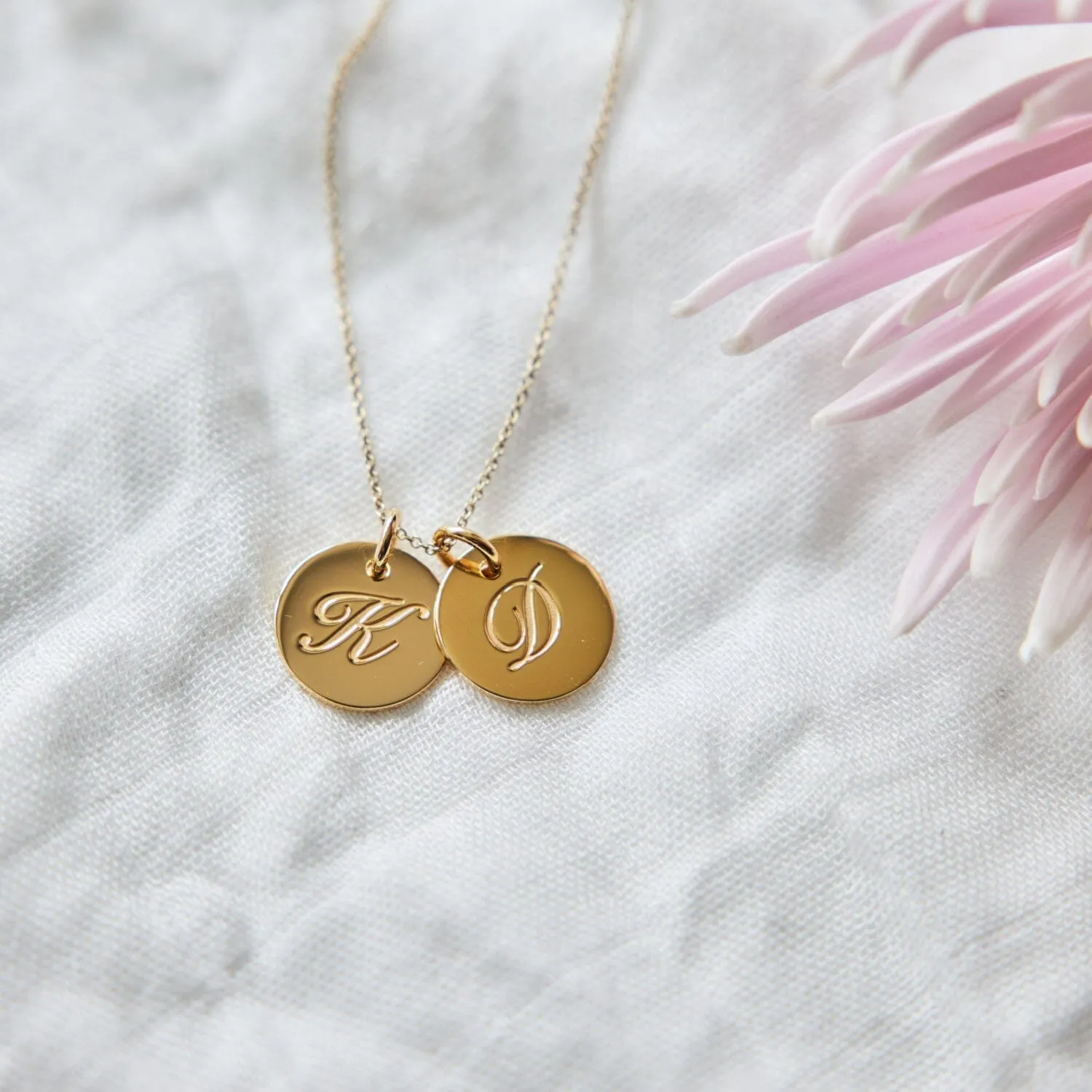 Gold Script Initial Necklace - 2 Circles sold by Tiny Tags