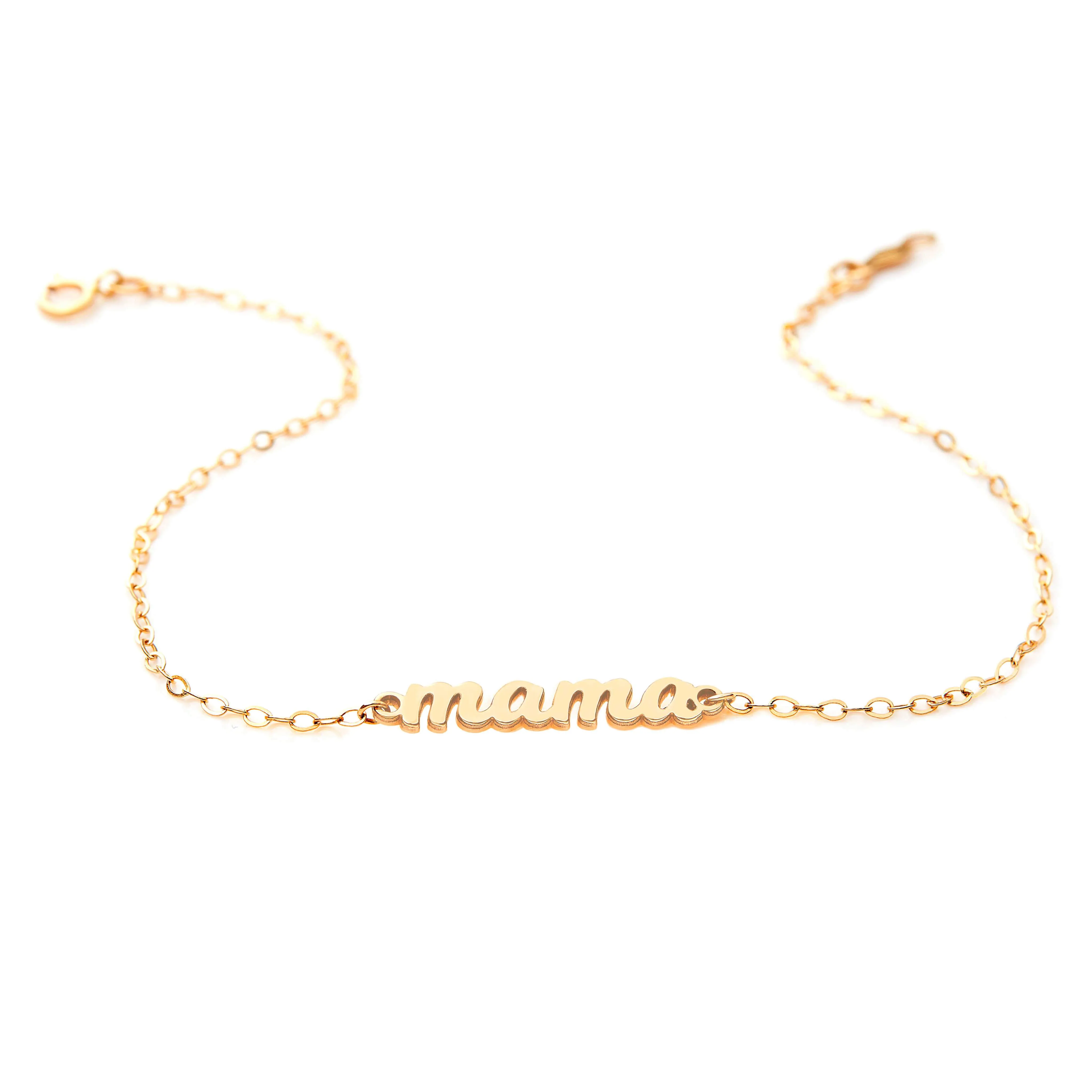 14k Gold Script mama Nameplate Chain Bracelet sold by Tiny Tags