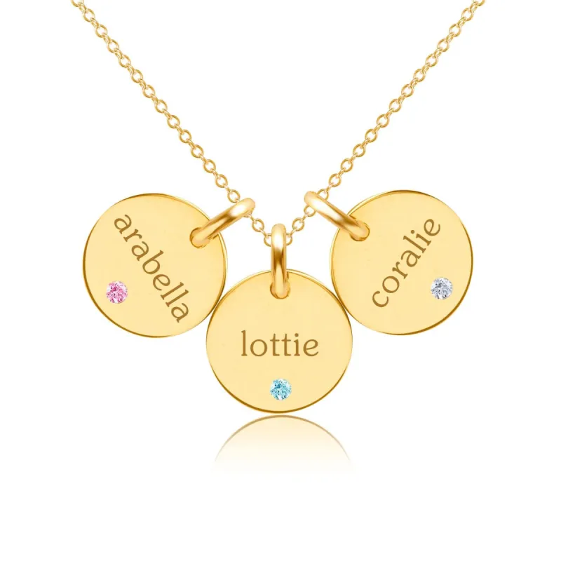 Gold Circle Necklace - 3 Names With Birthstones sold by Tiny Tags