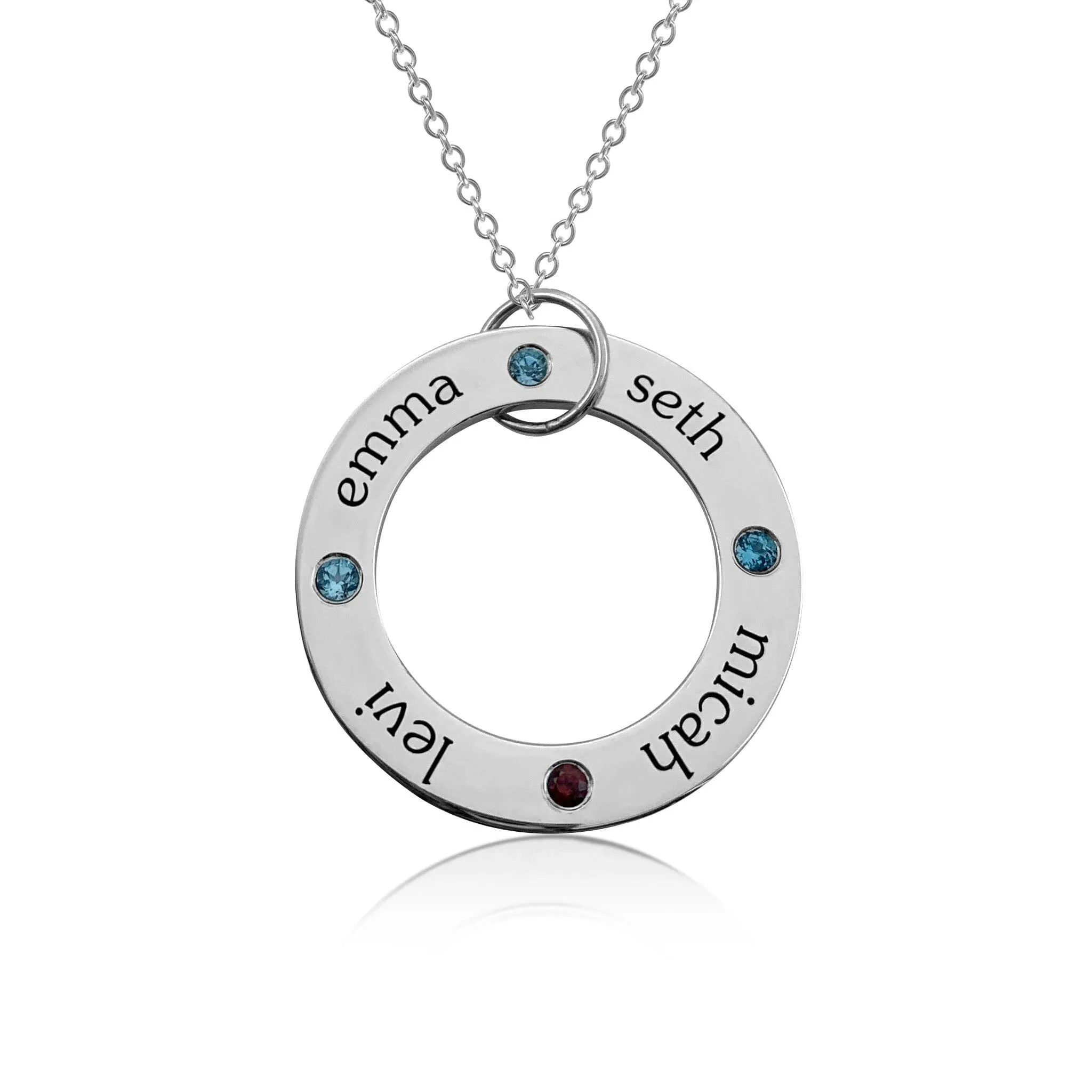 Sterling Silver Circle Pendant Necklace - 4 Names With Birthstones sold by Tiny Tags