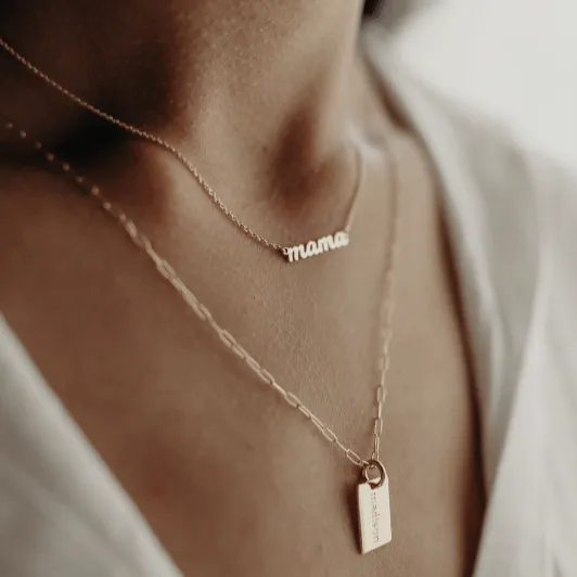 14k Gold Script Mama Nameplate Necklace sold by Tiny Tags