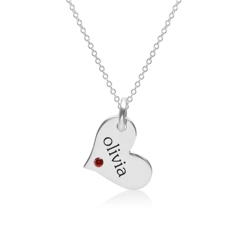 Sterling Silver Heart Necklace with Birthstone sold by Tiny Tags