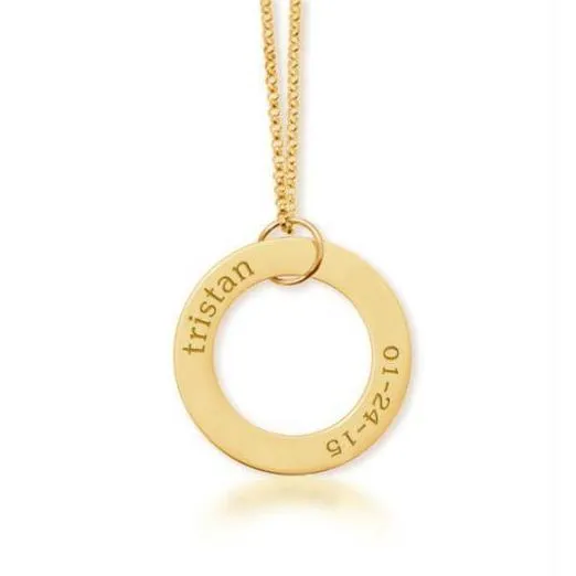NEW_14k Gold Circle Pendant Necklace - Name & Birthday sold by Tiny Tags