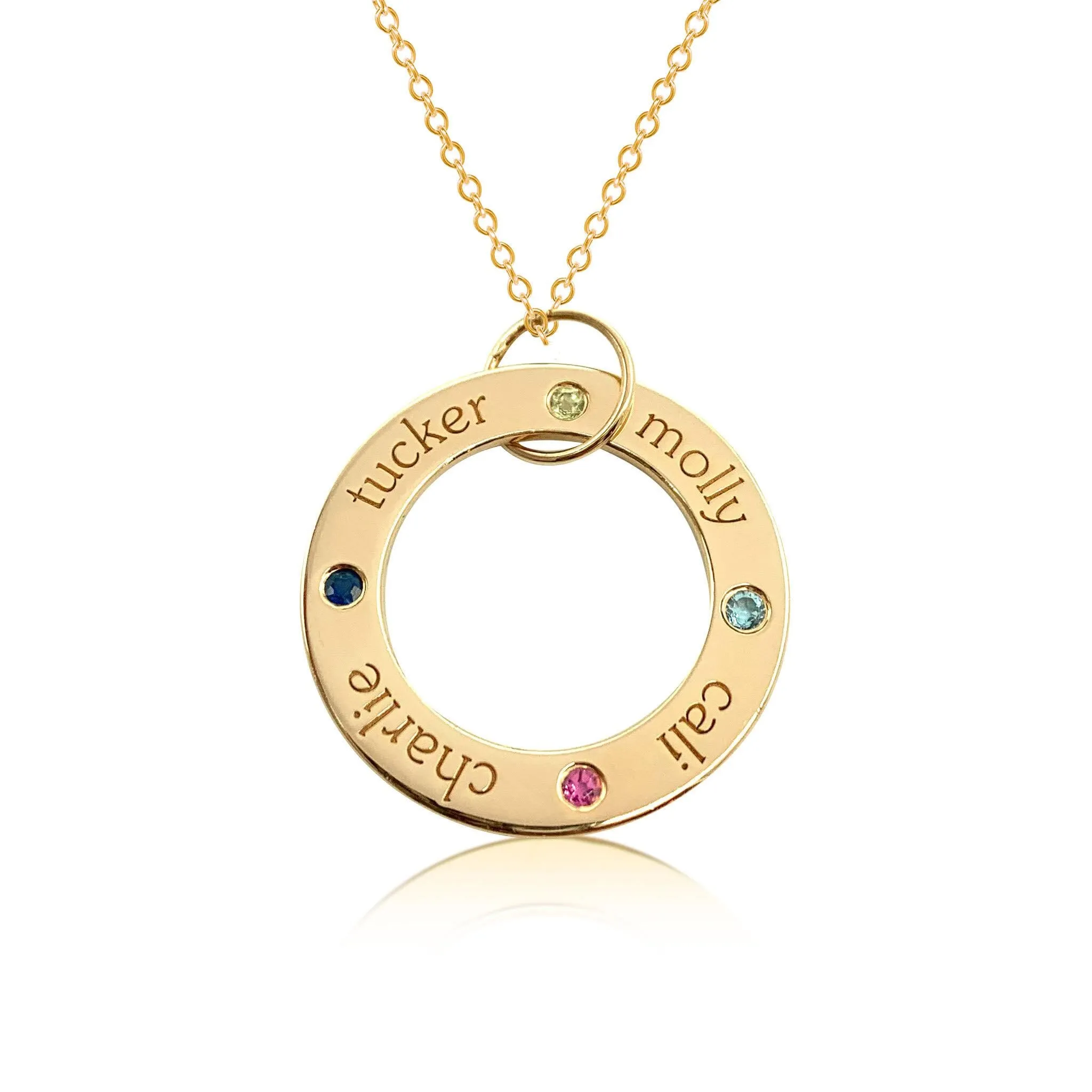14k Gold Circle Pendant Necklace - 4 Names With Birthstones sold by Tiny Tags