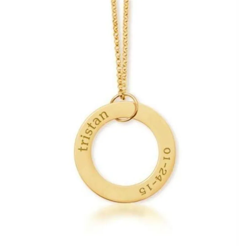 Gold Circle Pendant Necklace -  Name & Birthday sold by Tiny Tags