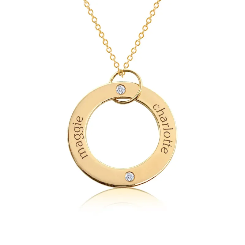 14k Gold Circle Pendant Necklace - 2 Names With Birthstones sold by Tiny Tags