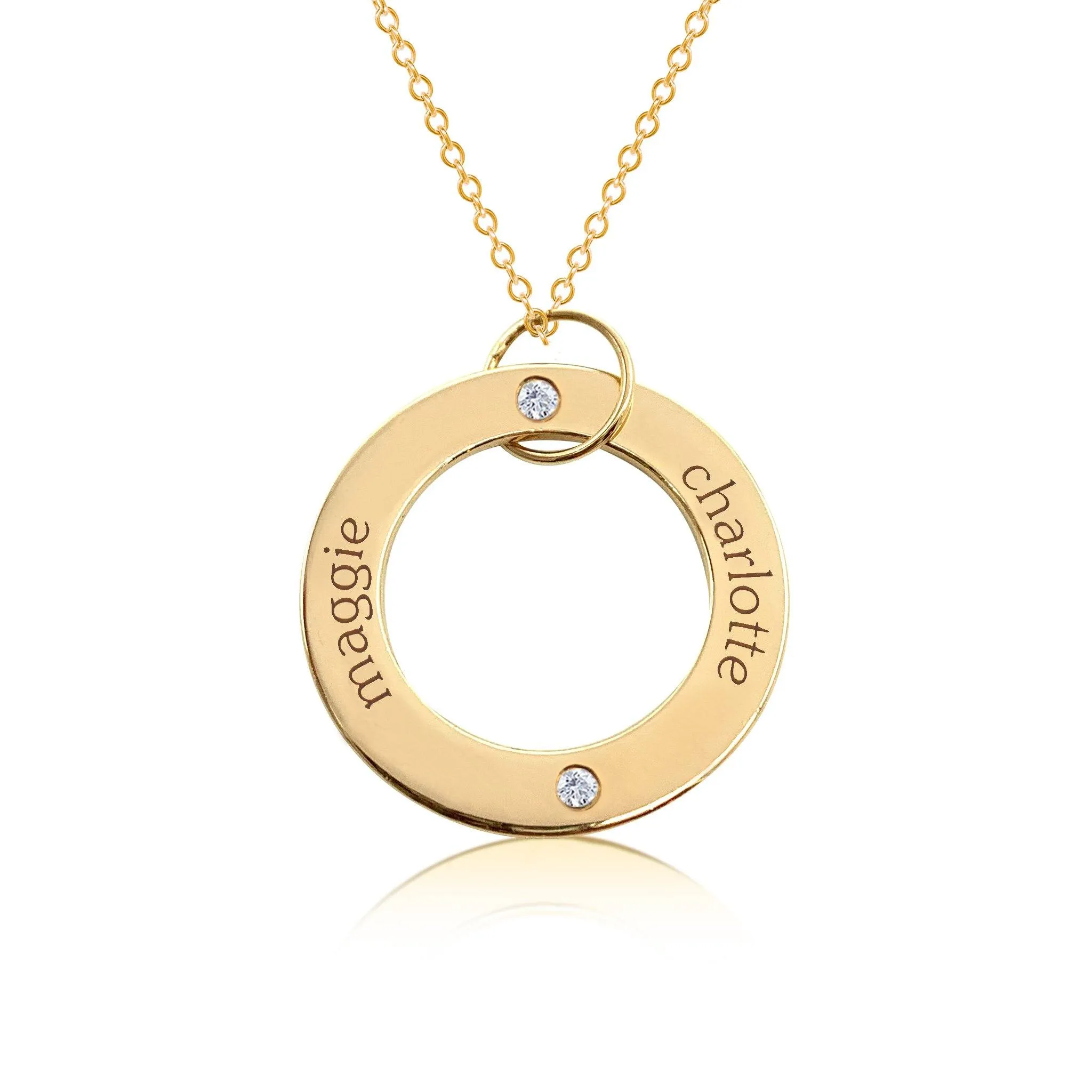14k Gold Circle Pendant Necklace - 2 Names With Birthstones sold by Tiny Tags