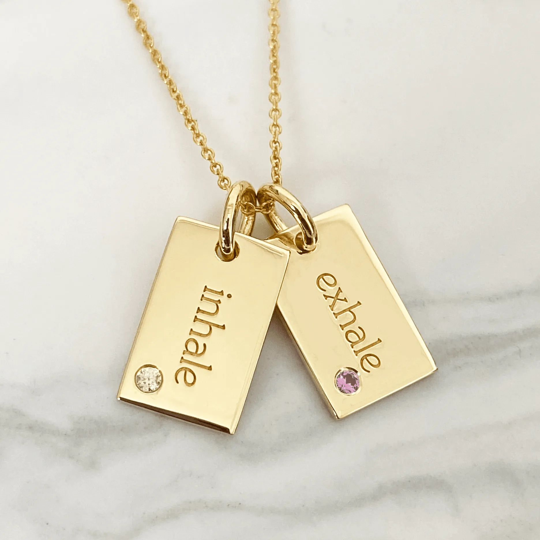 Gold Mini Dog Tag Necklace - 2 Names With Birthstones sold by Tiny Tags product image thumbnail 2