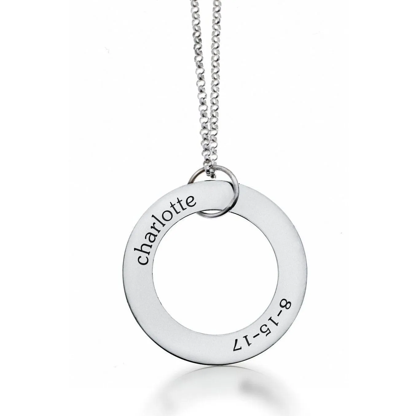 Sterling Silver Circle Pendant Necklace - Name & Birthday sold by Tiny Tags