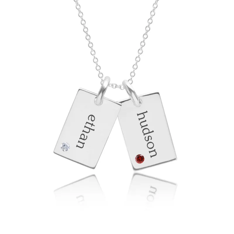 Sterling Silver Mini Dog Tag Necklace - 2 Names With Birthstones sold by Tiny Tags