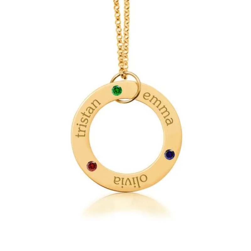 14k Gold Circle Pendant Necklace - 3 Names With Birthstones sold by Tiny Tags