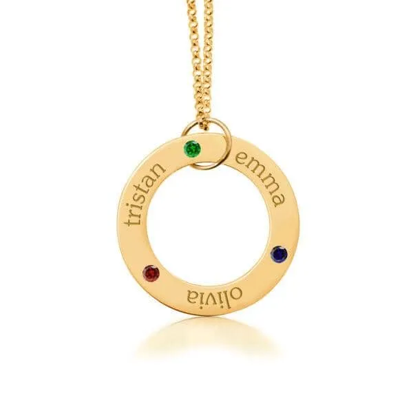 Gold Circle Pendant Necklace - 3 Names With Birthstones sold by Tiny Tags