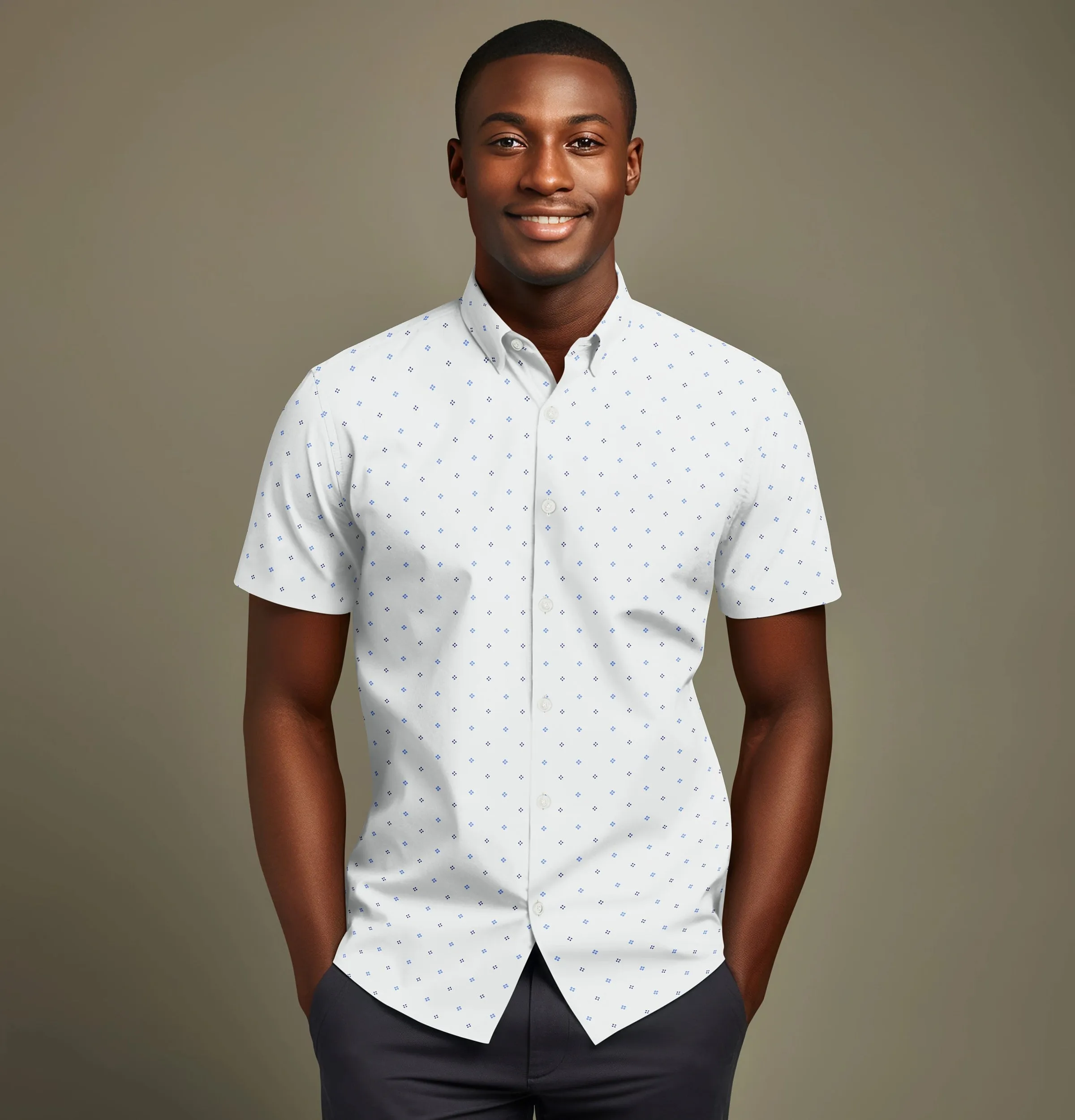 Wrinkle-free White with Blue Dot Diamond Print - Short Sleeve sold by Airthreads product image thumbnail 3