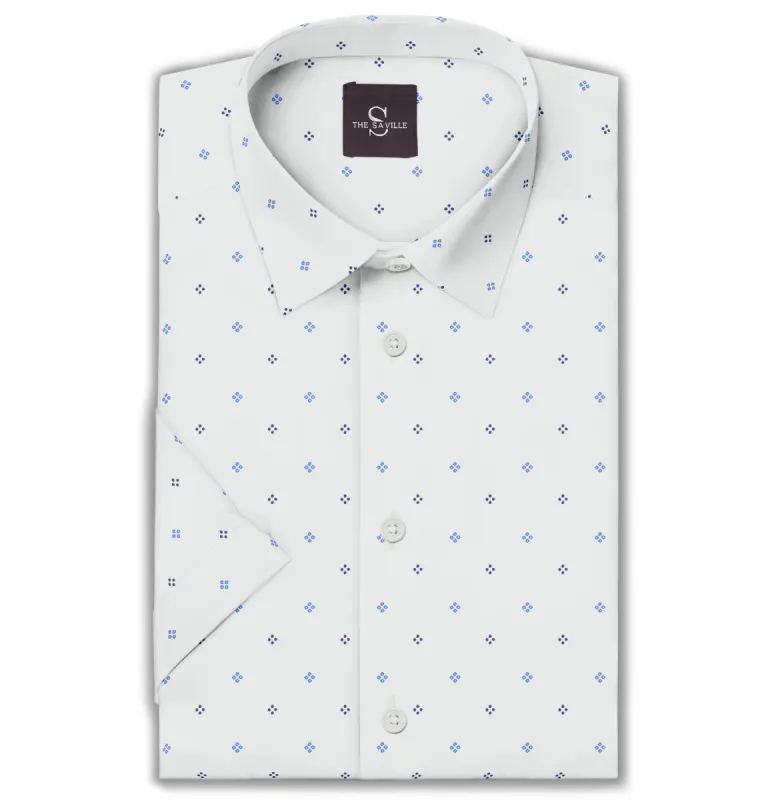 Wrinkle-free White with Blue Dot Diamond Print - Short Sleeve sold by Airthreads