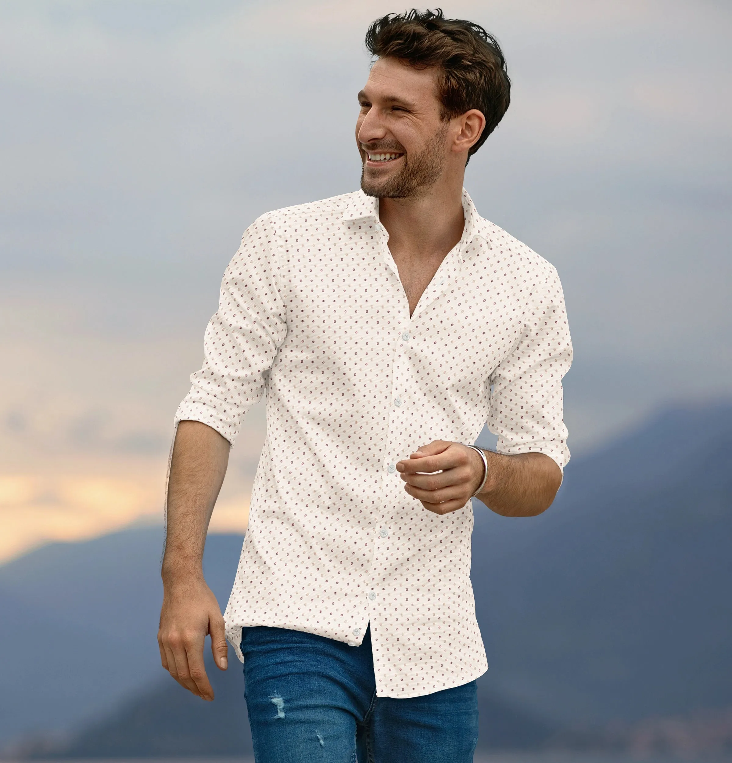 Wrinkle-free Beige with Geometric Print - Long Sleeve sold by Airthreads product image thumbnail 4