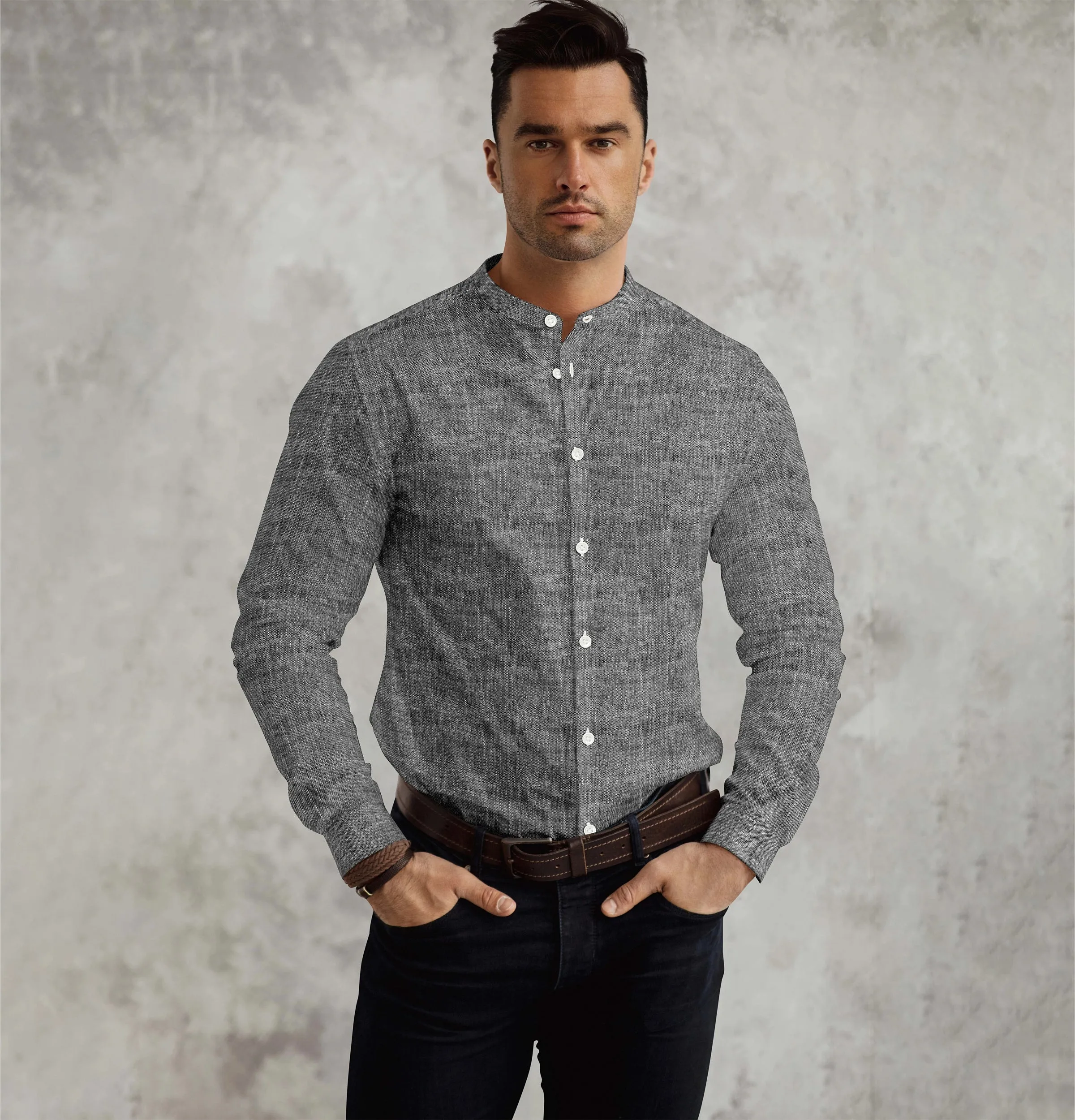 Pure Linen - Band Collar - Black Melange sold by Airthreads product image thumbnail 3