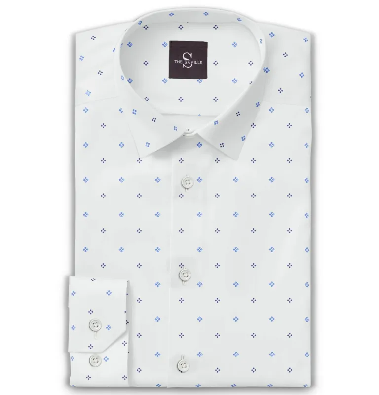 Wrinkle-free White with Blue Dot Diamond Print - Long Sleeve sold by Airthreads