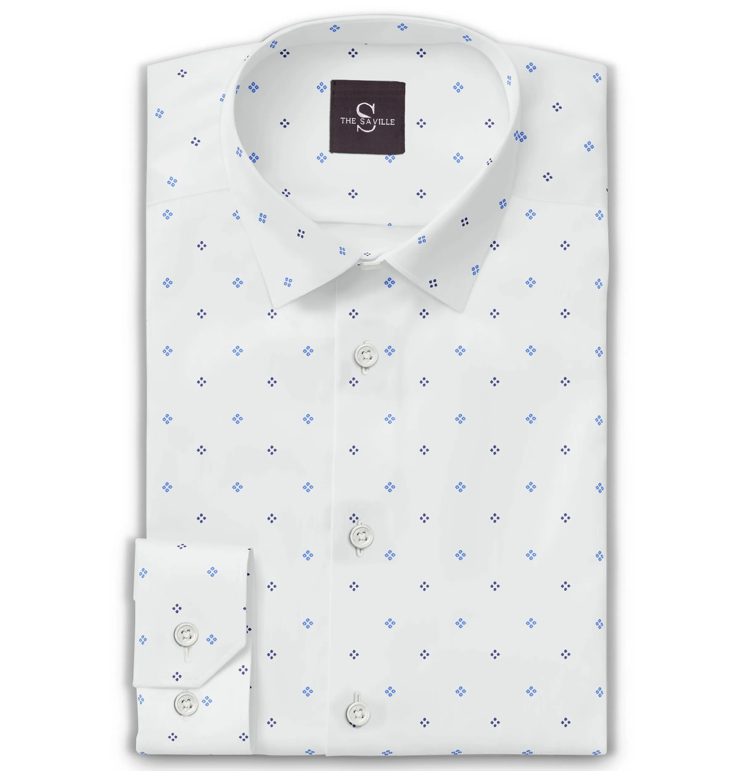 Wrinkle-free White with Blue Dot Diamond Print - Long Sleeve sold by Airthreads