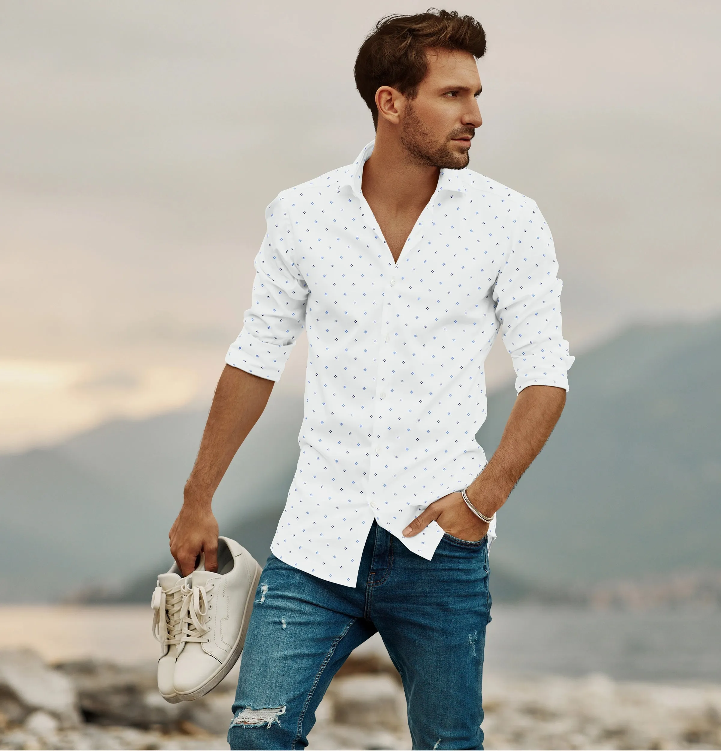 Wrinkle-free White with Blue Dot Diamond Print - Long Sleeve sold by Airthreads product image thumbnail 4