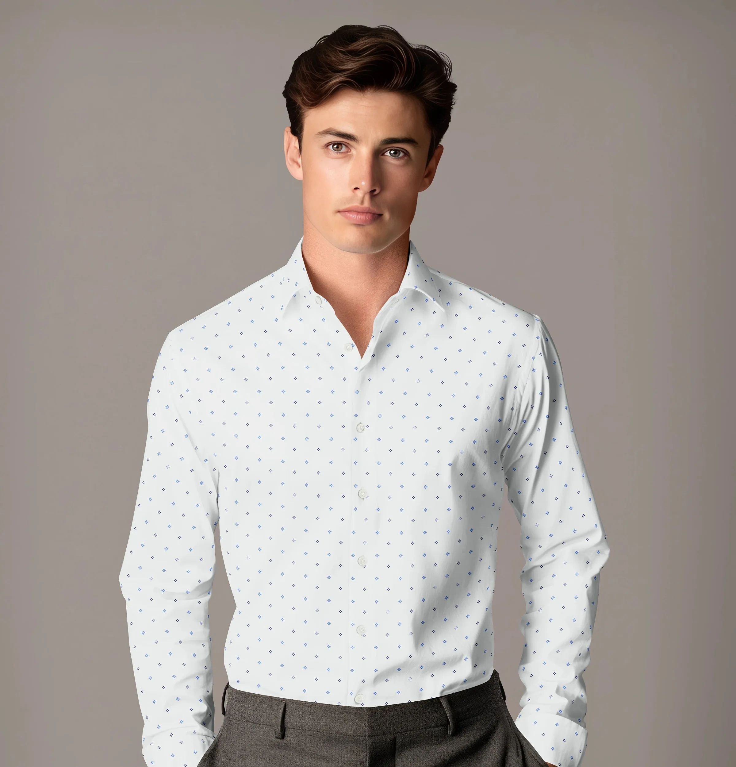 Wrinkle-free White with Blue Dot Diamond Print - Long Sleeve sold by Airthreads product image thumbnail 3