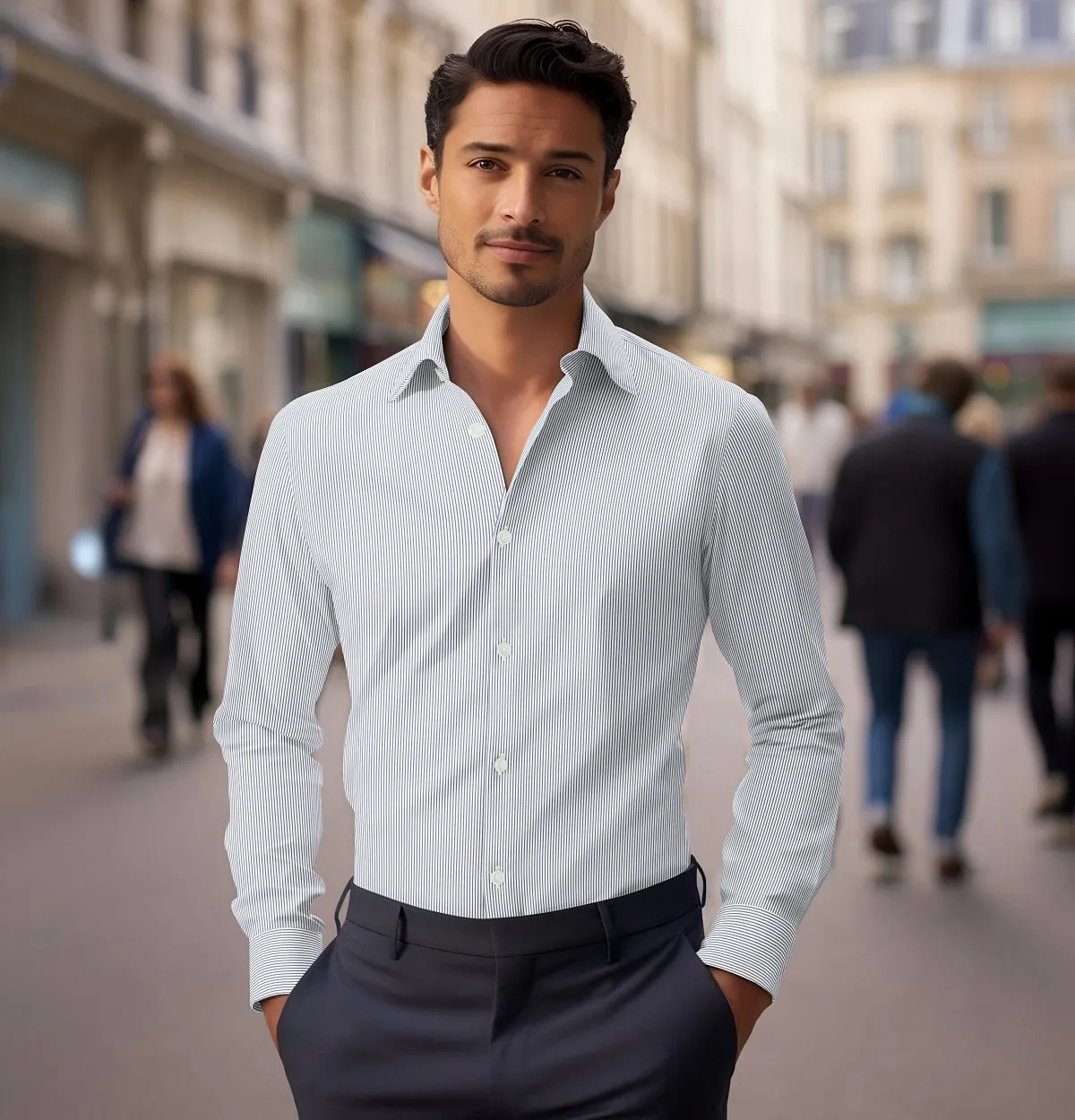 Luxury Pure Cotton - Long Sleeve - Off-white with Navy Stripes sold by Airthreads product image thumbnail 3