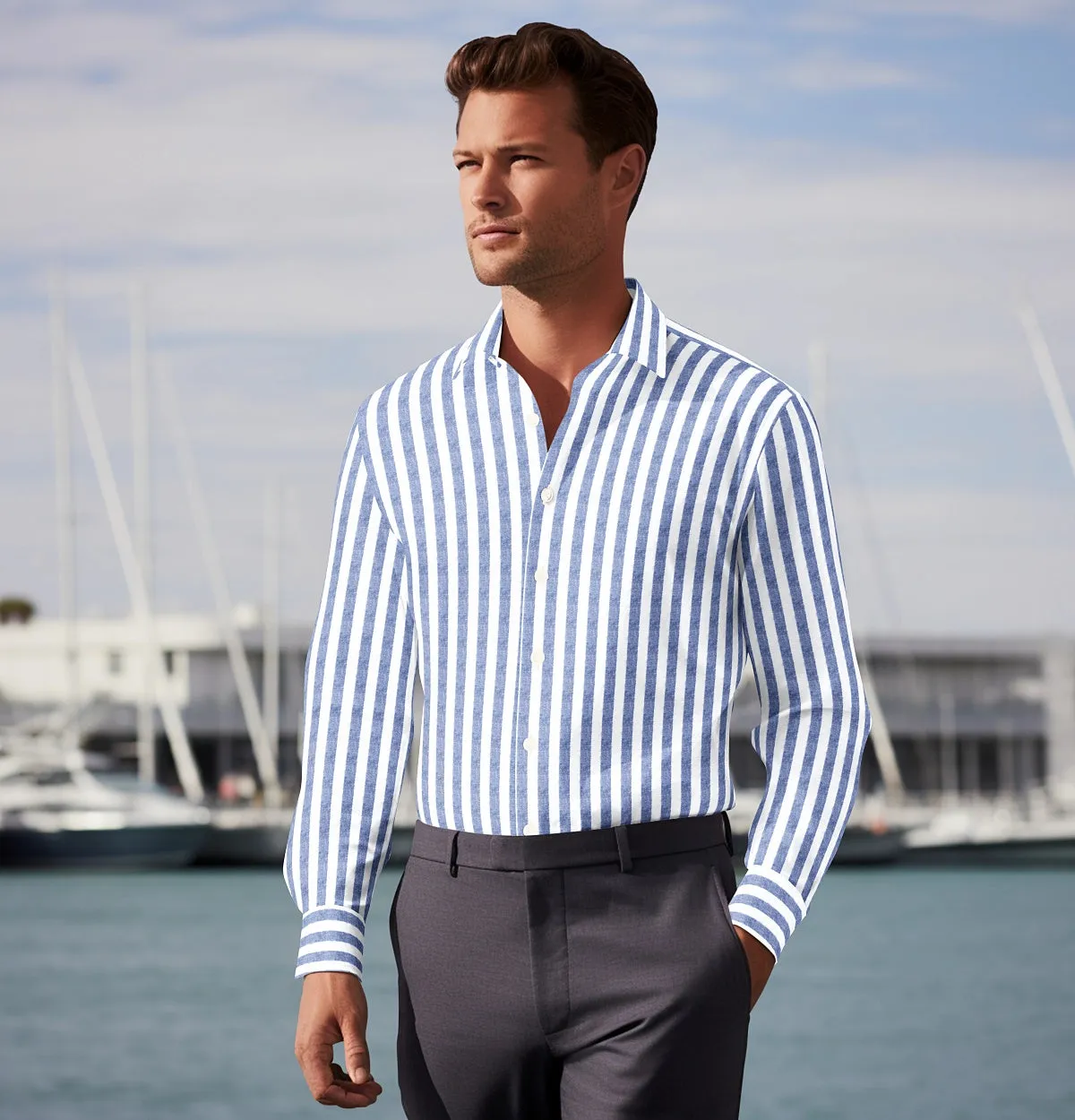 Cotton-Linen - Long Sleeve - Blue and White Stripe sold by Airthreads product image thumbnail 3